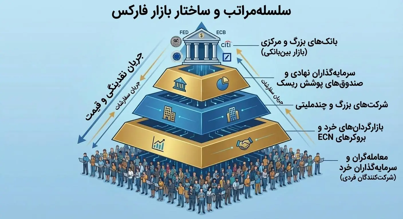 اینفوگرافیک ساختار و لایه‌بندی بازیگران بازار فارکس؛ از بانک‌های بزرگ تا معامله‌گران خرد در مقاله فارکس چیست